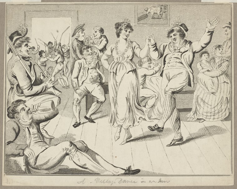 An engraving showing a crowded inn with men and women dancing energetically, arms raised, in loose formation without formal structure.