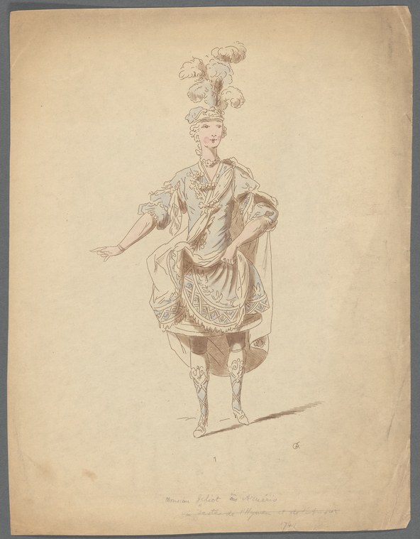 Standing male dancer in ornate 18th-century coat with impossibly tall feathered headdress, left arm extended in formal greeting gesture.