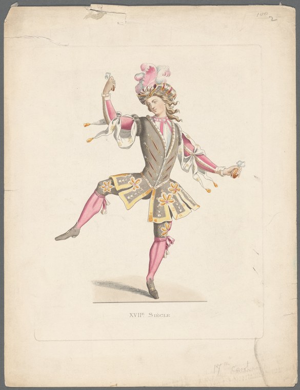A male dancer in 18th-century court dress—brown coat with gold embroidery, pink breeches—leaps with both arms raised, holding small implements, against a cream