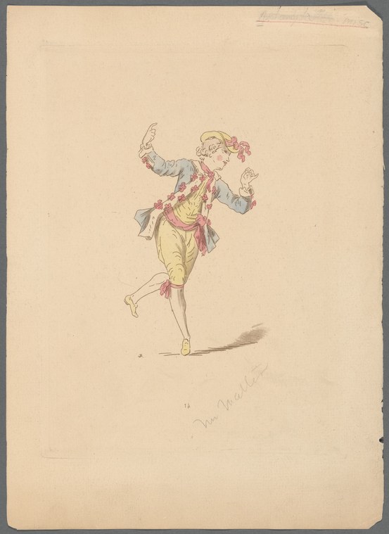 A male dancer in a blue jacket with pink trim and yellow breeches, captured mid-leap on one leg, arms raised in a playful gesture.