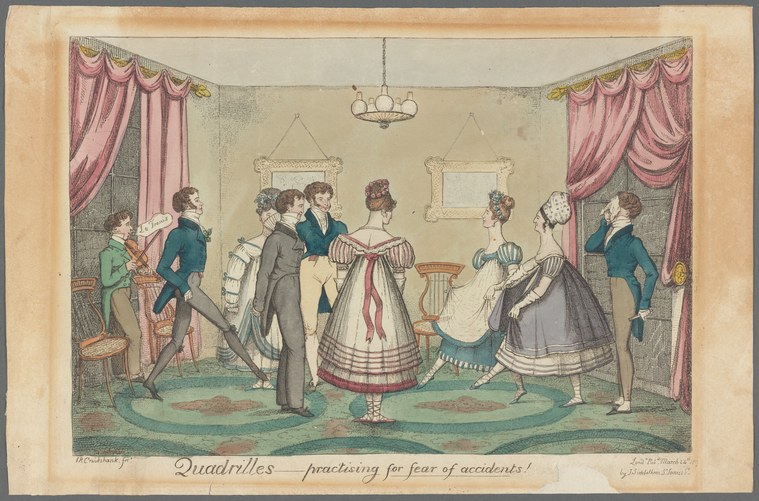 Hand-colored engraving of four couples in Regency dress dancing a quadrille in a parlor hung with pink silk curtains.