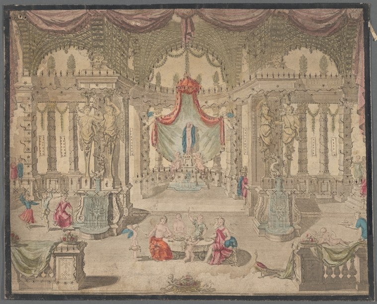A hand-colored engraving showing formally dressed figures dancing and attending a ceremony in a grand columned temple with draped ceiling.