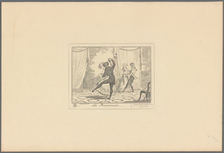 Engraving of an elegantly dressed couple strolling through a neoclassical salon, the woman in a white gown and the man in dark coat.