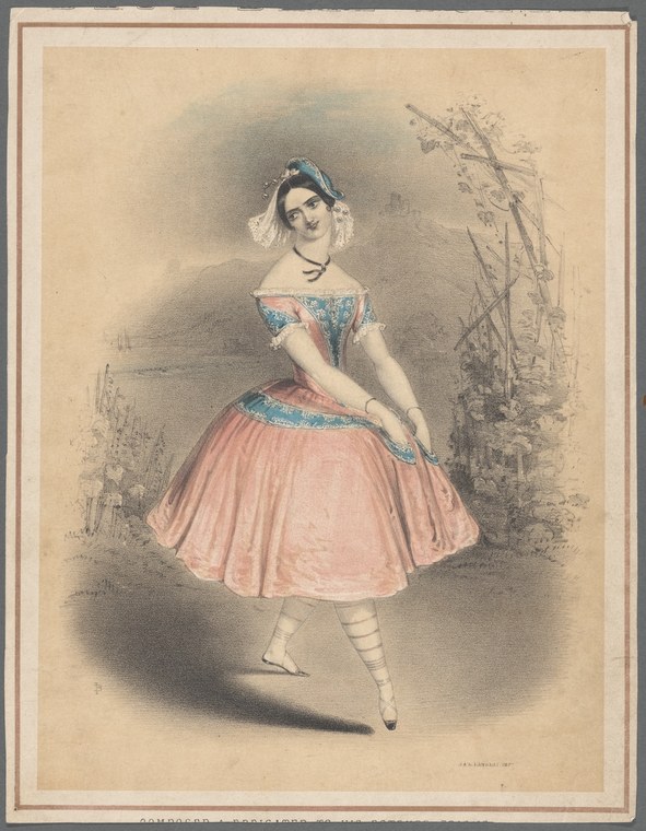 A young woman in a pale pink tutu and white bodice poses on pointe in an arabesque position against a landscape background.
