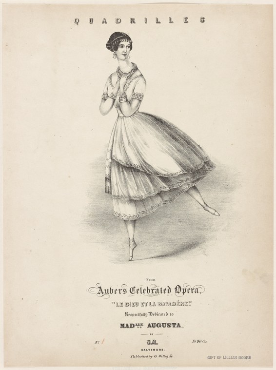 Engraving of a female ballet dancer in a pointed foot pose wearing a layered white tulle skirt and corseted bodice.