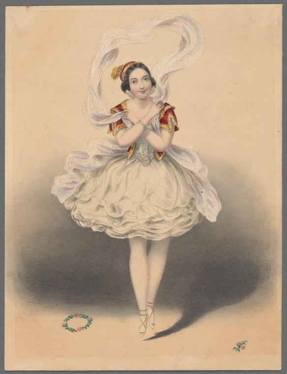 A young ballerina in a short white tulle skirt and fitted bodice with gold trim stands in a pirouette, with a flowing scarf streaming behind her, against a