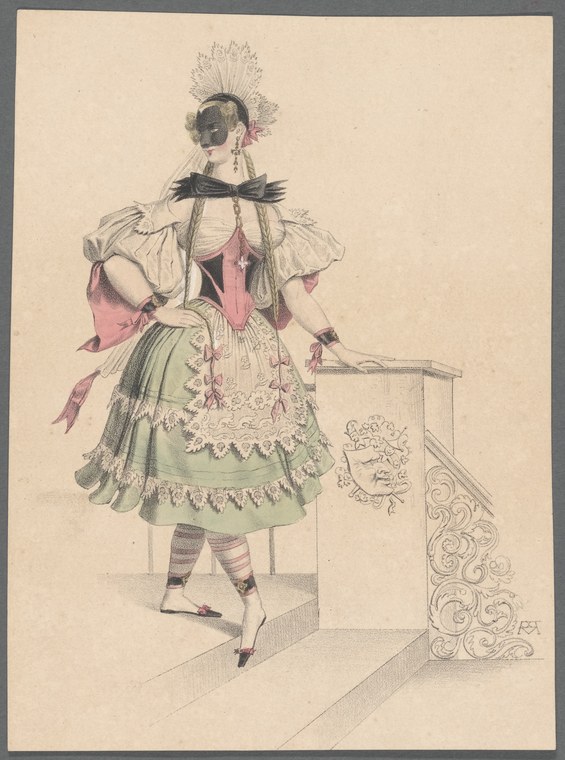 Woman in elaborate Victorian theatrical costume with ornate headdress, pink bodice, green skirt, white apron, striped stockings, posed with extended arm.