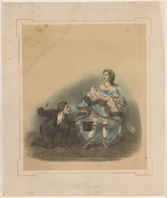 Hand-colored engraving: a man kneels beside a reclining woman whose lifted skirt exposes her leg, in a scene labeled Le cancan.
