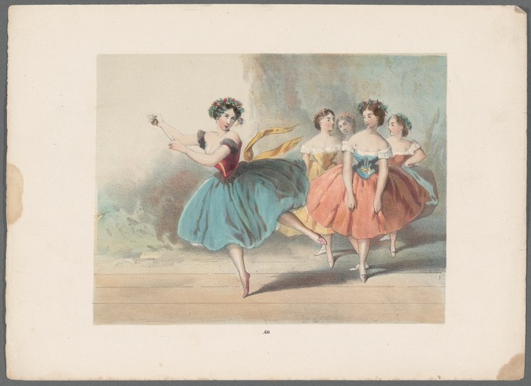 Ballerina en pointe in burgundy bodice and turquoise skirt, holding castanets overhead with leg extended, four corps dancers in coral dresses behind her on