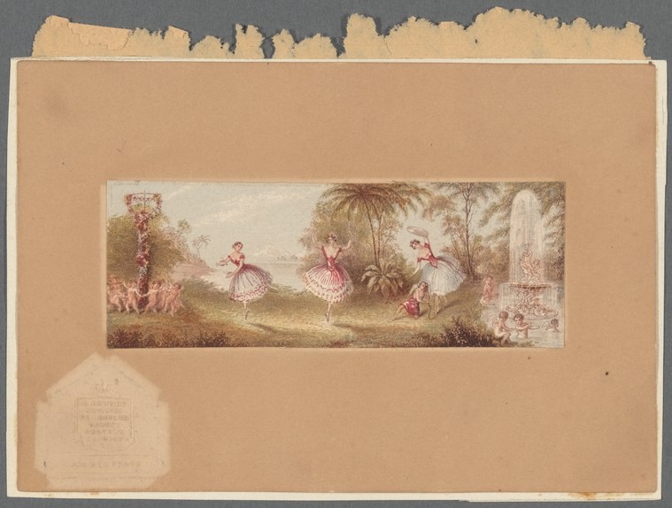 Three young women in pink ballet tutus dance among flowering vines and putti in a sylvan landscape, in soft watercolor tones.