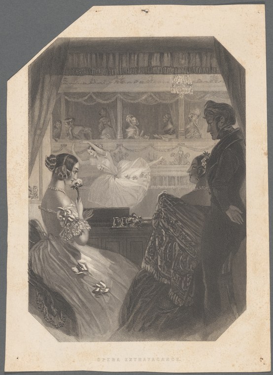Engraved view of an opera house interior, with two fashionably dressed women in a theater box watching a distant stage where performers are barely visible.