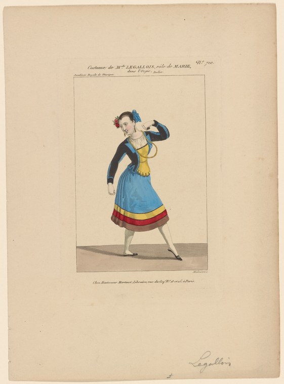 Hand-colored engraving of a female dancer in a dark bolero jacket and blue skirt with gold and red trim, posed with one arm raised to her head in a dramatic