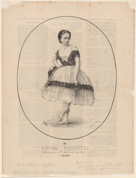 Engraved portrait of Amina Boschetti in ballet costume: dark bodice, pale tulle skirt with black trim, arms gracefully positioned.