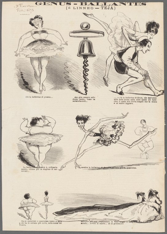 Six vignettes of exaggerated ballet dancers in grotesque poses with impossibly long extensions and bulbous tutus, rendered in satirical pen and ink.
