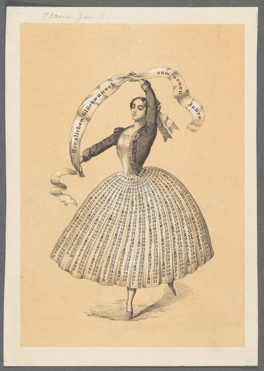 Engraved figure of a female dancer in a full romantic-era tutu and fitted bodice, standing in classical ballet pose with one arm raised, holding a ribbon