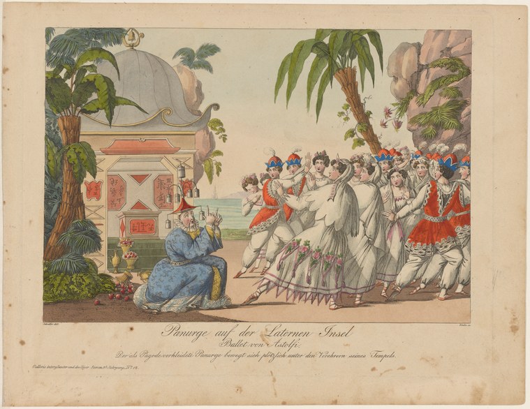 Hand-colored engraving showing a kneeling figure addressing an ensemble of dancers in light tunics beneath an ornate pavilion surrounded by tropical foliage.