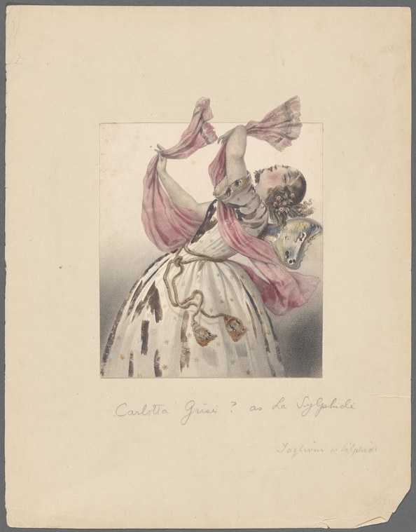 A ballerina in an arched backbend wearing a white tutu and wings, holding pink scarves aloft, in a hand-colored engraving.