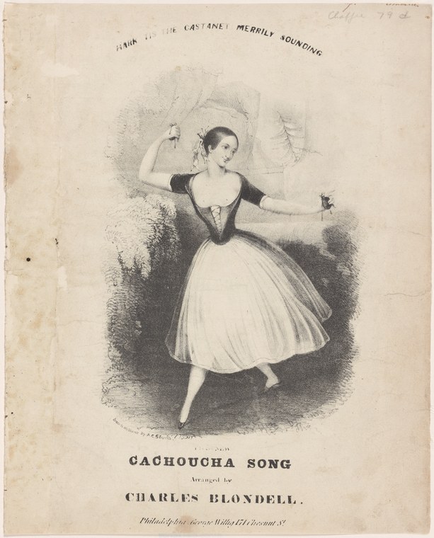 Woman in white skirt and dark bodice dances in lifted, composed pose with one arm raised and one lowered.