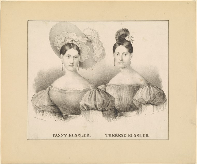 Two young women in 1830s dress sit facing the viewer in formal portrait pose. The woman on the left wears an elaborate bonnet with plumes.