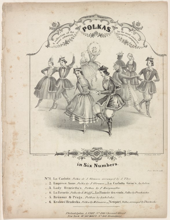Six dancers in 1840s formal dress, a woman in the center mid-turn in a full skirt, men and women in a social group performing a polka.