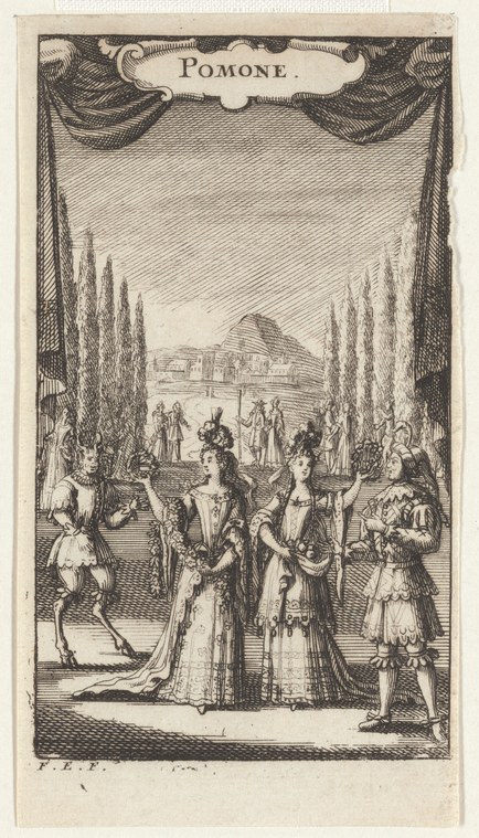 Engraving of a garden scene with a central figure in court dress surrounded by attendants between tall cypress trees.