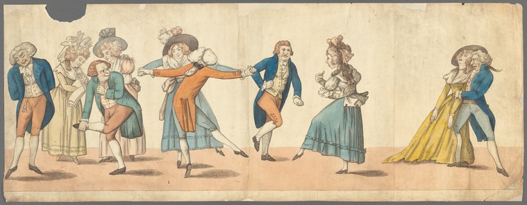 Seven figures in 18th-century dress stand in a line; a central man with arms extended faces a woman in pale blue, flanked by other dancers and spectators.