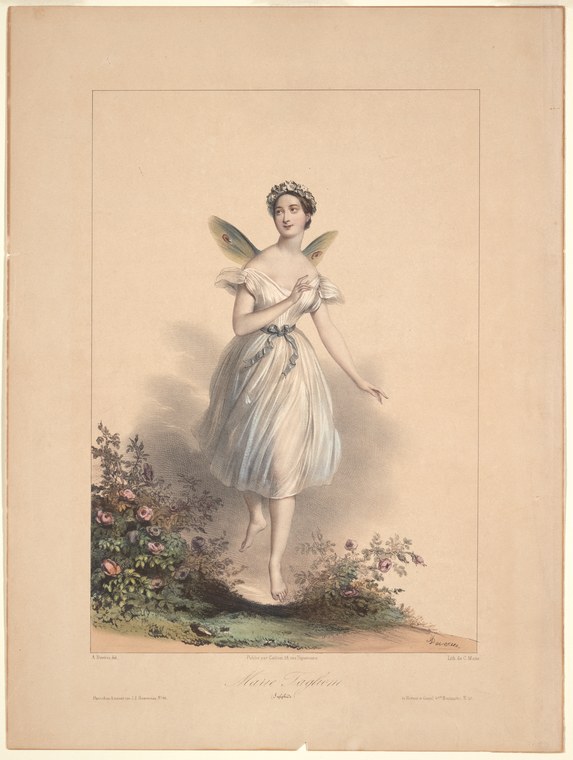 A woman in a white tulle dress with fairy wings hovers in an arabesque above a garden, her arms gently extended.