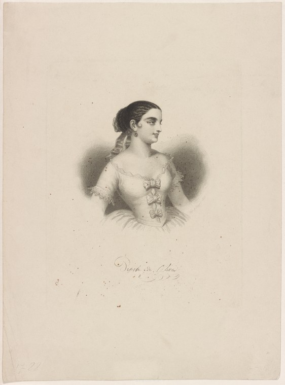 Profile portrait of a woman with dark hair in a low-cut theatrical bodice, signed 'Pepita de Oliva,' rendered in stipple engraving.