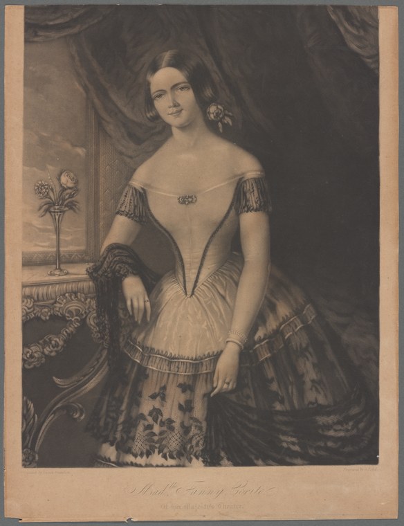 Engraved portrait of Fanny Cerito in an off-shoulder gown with pleated skirt, standing in formal pose with one hand at her waist.