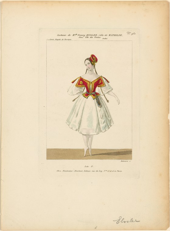 A female ballet dancer in profile wears a white tulle skirt and red velvet bodice trimmed with gold, with an ornament in her hair.