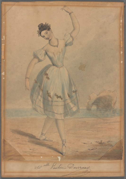 A young female ballet dancer in pale muslin dress with puffed sleeves stands in a classical pose, left arm raised, on a bare stage.