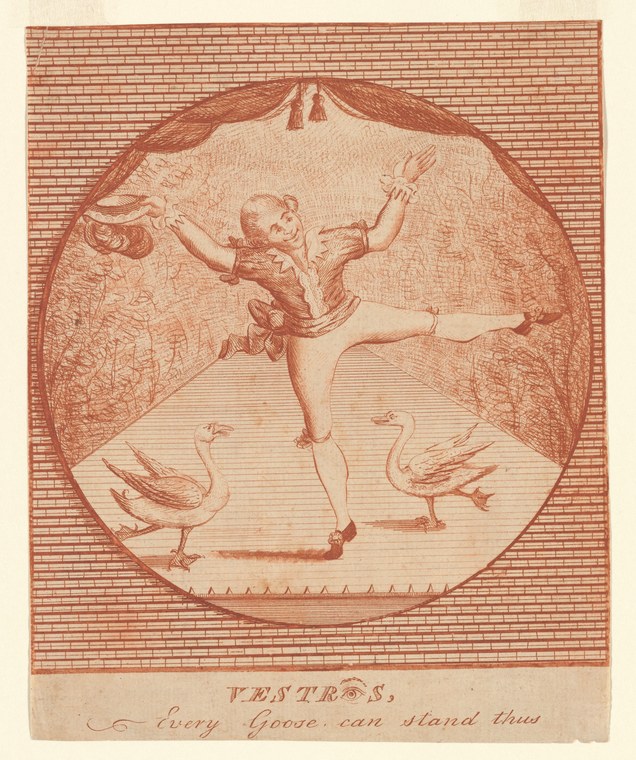 A classical dancer poised on one leg in an attitude position with raised arms, surrounded by two geese in a circular engraving.
