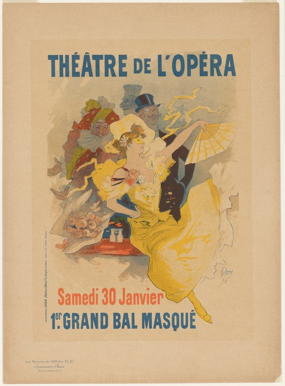 Woman in yellow ball gown and mask gestures expressively beside a man in formal tailcoat at the Opéra masquerade ball, 30 January.