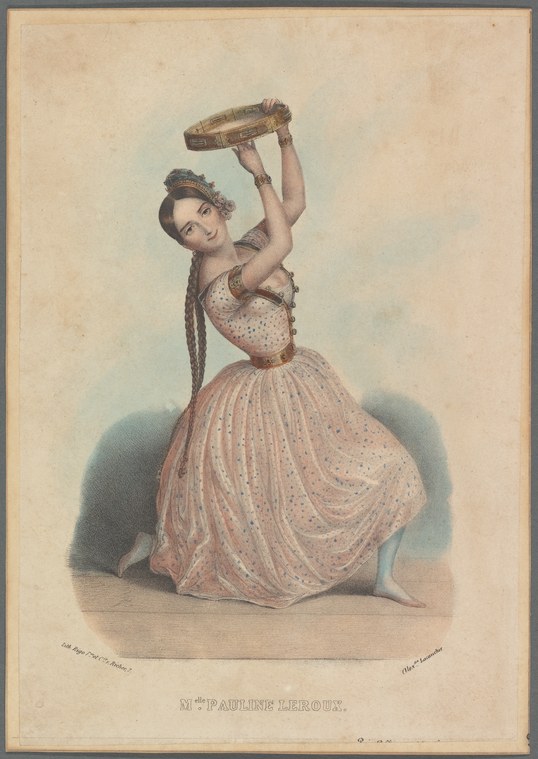 Woman in pink ball gown arching dramatically backward on one leg, holding a platter overhead.