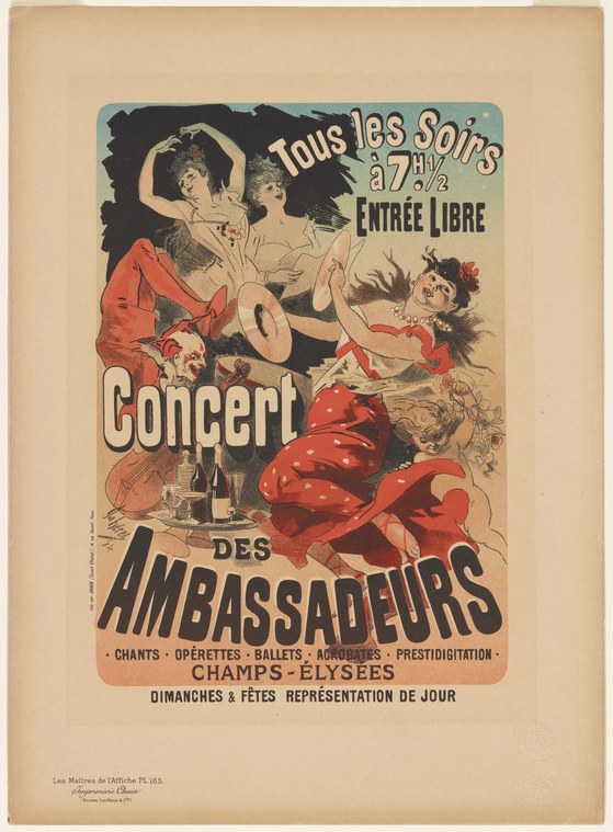 A color lithograph poster for the Ambassadeurs cabaret, with women in theatrical poses and a figure in red, Art Nouveau lettering.