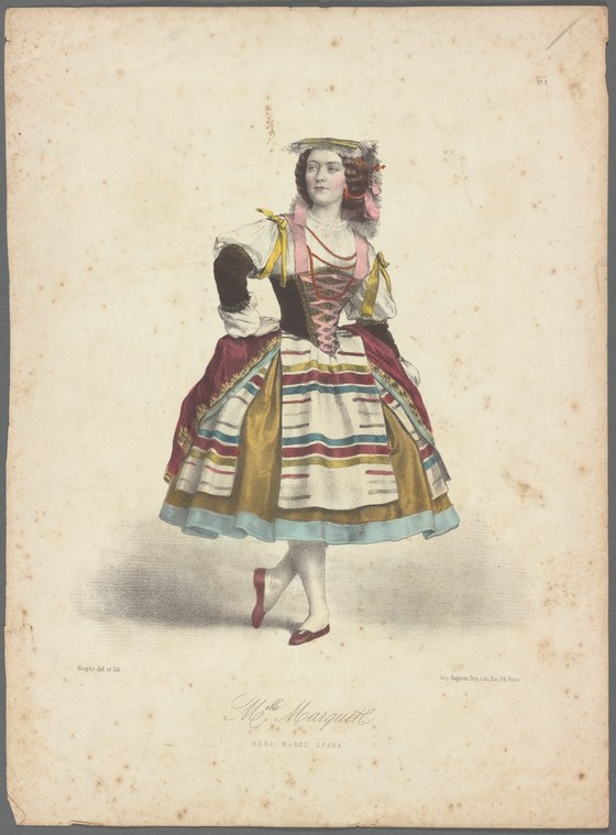 A woman in mid-19th-century ballet costume—dark velvet bodice, white tulle skirt with colored stripes, pointe shoes—stands posed before a plain background.