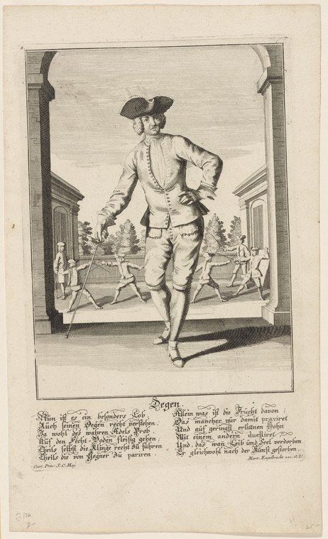An 18th-century man in tricorn hat and court coat strikes a formal dance pose with one leg extended, framed by stone arches.