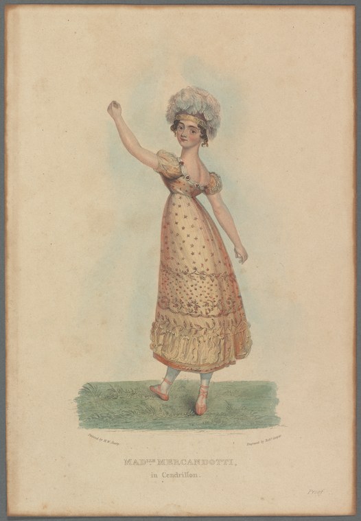 Hand-colored engraving of a young woman in a pale muslin dress with puffed sleeves, arm raised, standing on a stage.