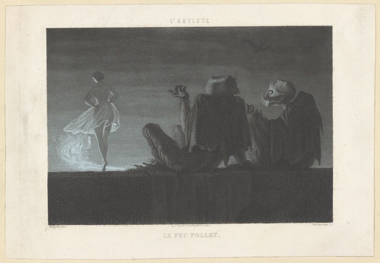 A pale female dancer in a white dress hovers above three dark-clothed men who crouch and stare upward in fear or amazement.
