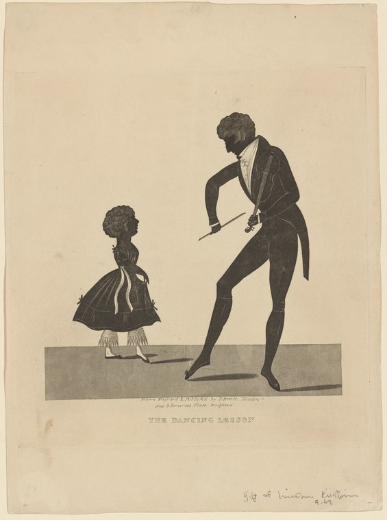Silhouette of an adult man in tailcoat demonstrating a dance step to a small child in a dress, both in formal early 19th-century attire.