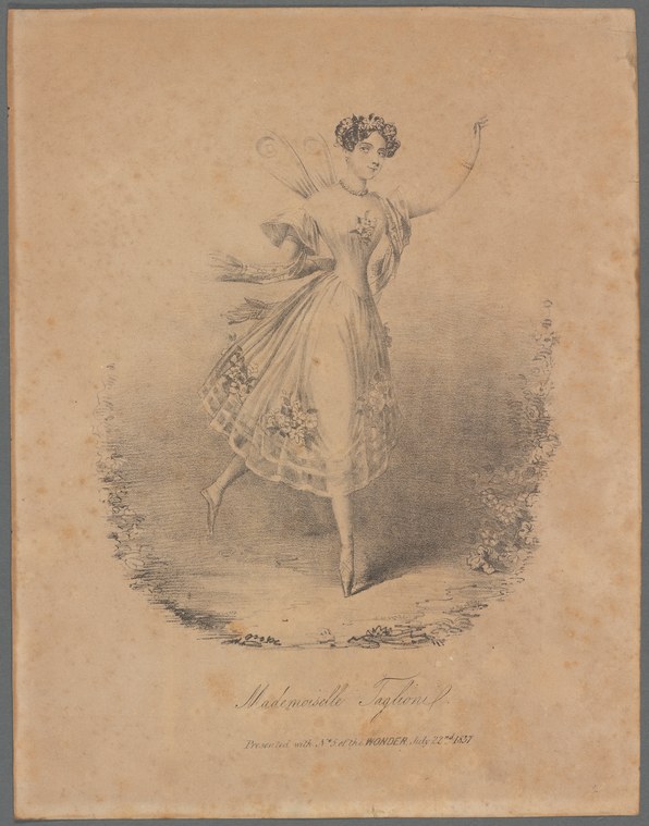 Lithograph of a young woman in a high-waisted gown, standing in a balletic pose with one arm raised and a pointed foot.