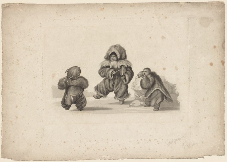 Three figures in heavy fur parkas stand in crouched, animated postures suggesting dance or celebration.