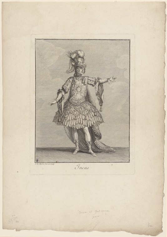 Engraving of a figure in feathered headdress and scalloped skirt, arms spread wide in theatrical pose.