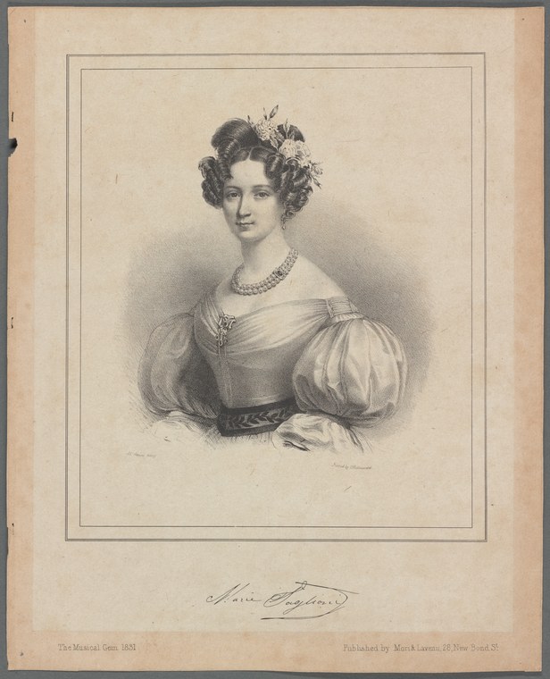 Half-length society portrait engraving of a young woman in 1830s dress with dark hair crowned in flowers and pearls.