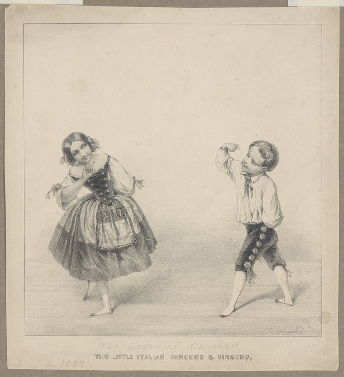 Young girl in striped skirt and boy in breeches pose in theatrical interaction; nineteenth-century lithograph.