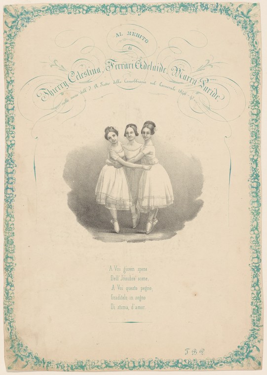 Three young women in white ballet skirts stand close together, leaning gently toward the center figure in a formal arrangement.