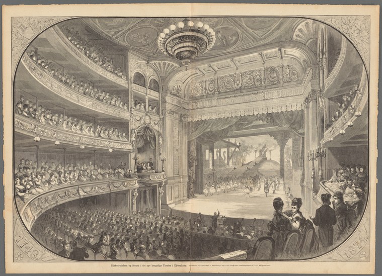 Engraving of a full theatre auditorium seen from the stage, with ornate galleries packed with formally dressed spectators, a distant performance visible on