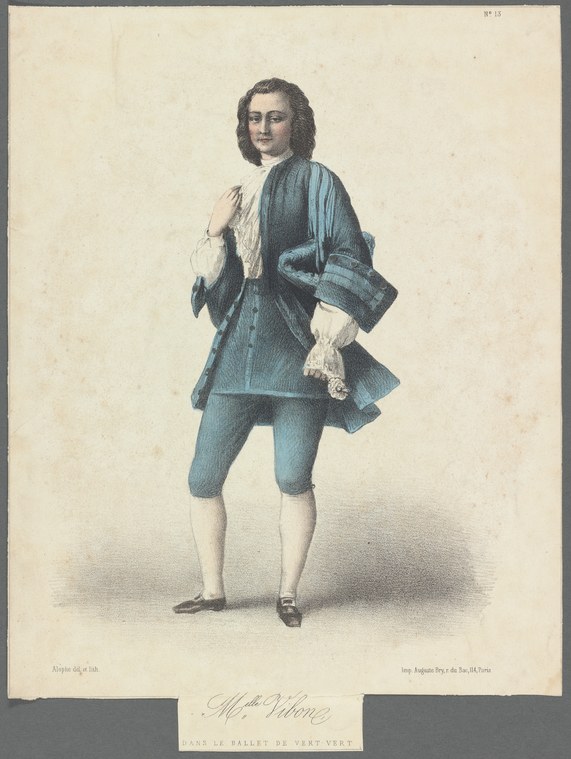 Hand-colored engraving of a female dancer in formal 18th-century style coat, white stockings, and buckled shoes, standing casually with arms relaxed.