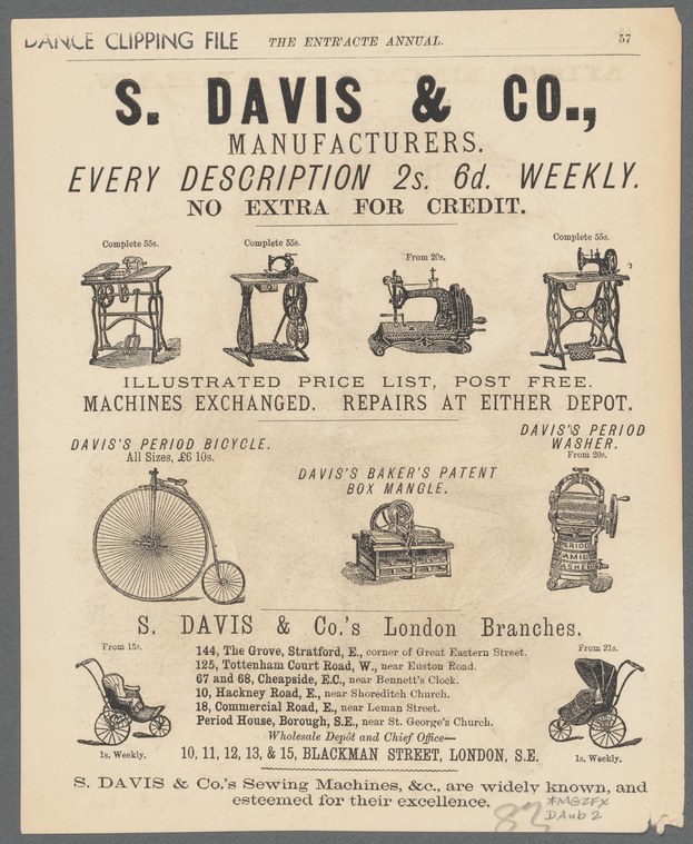 Commercial advertisement for S. Davis & Co. sewing machines showing six technical line drawings of machine models with prices and addresses of London branches.