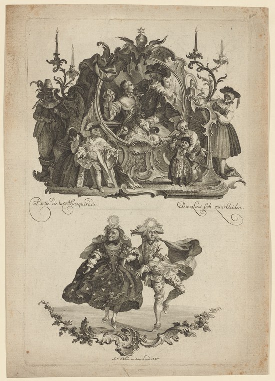 Baroque line engraving of masquerade dancers in elaborate costume and allegorical framing, with pair performing in lower register.